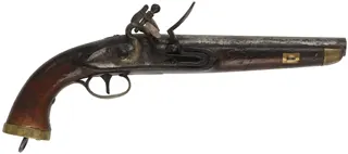 Antique Belgium Cavalry Pistol,
.68 caliber, 9" barrel,
flintlock, walnut, brass, lanyard loop,
for Middle East
